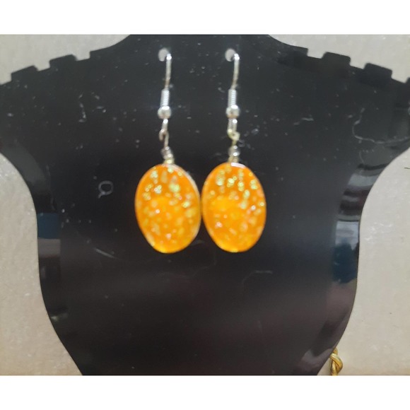 Orange Goldspecks Dangling Acrylic Handmade Earrings with fish hooks - Picture 2 of 5